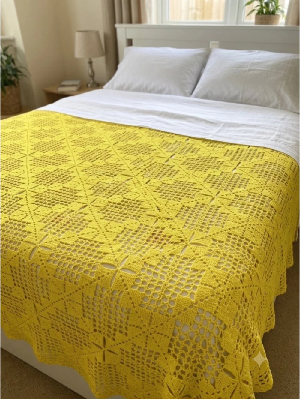 Vintage Handmade Yellow Crochet Afghan Blanket Bedspread